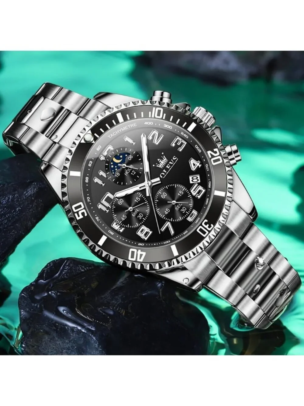 Men's Silver And Black Stainless Steel Chronograph Analog Quartz Luxury Watch